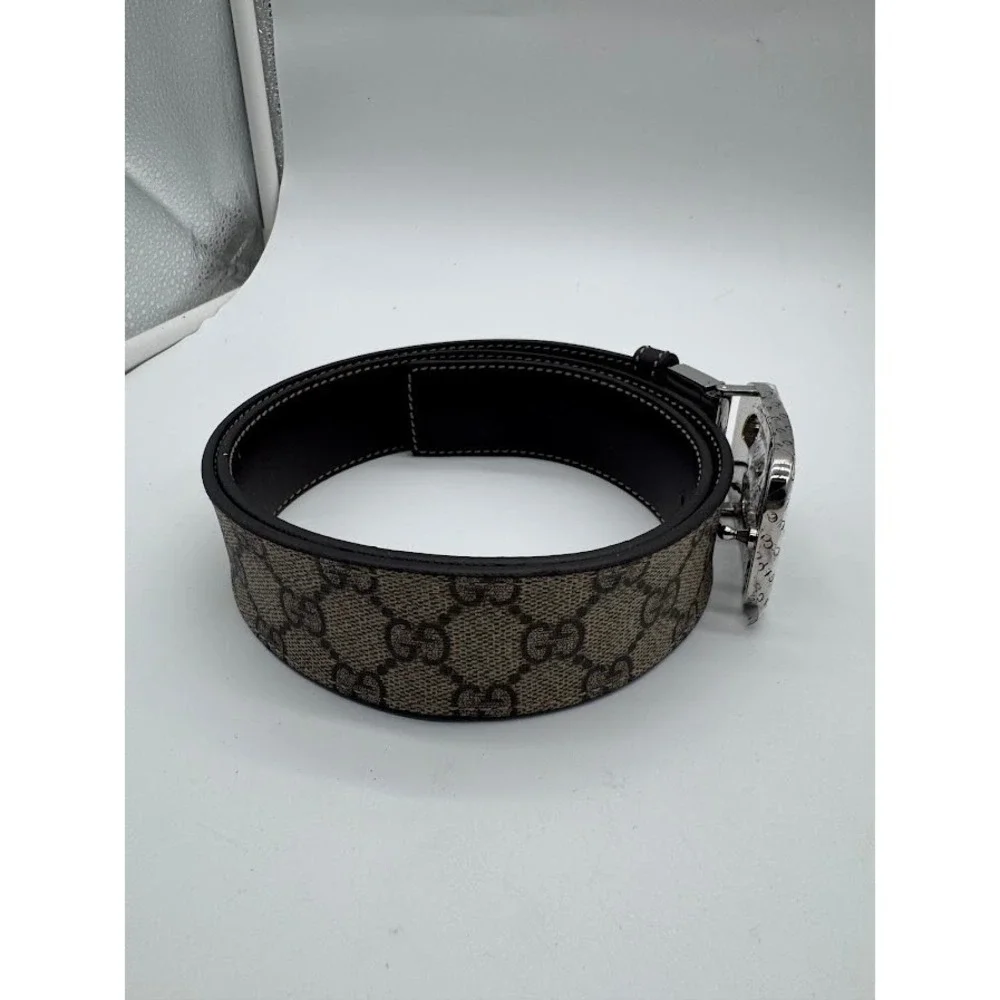 Gucci GG Supreme Canvas Interlocking G Buckle Belt Brown Leather 223891 Size 34